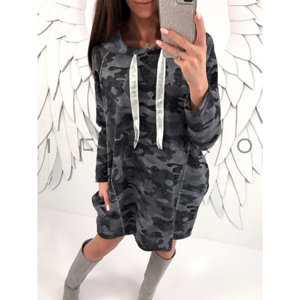 Hooded Ribbon Camouflage Casual Dress 