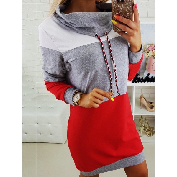 Hooded Color Block Drawstring Casual Dress 