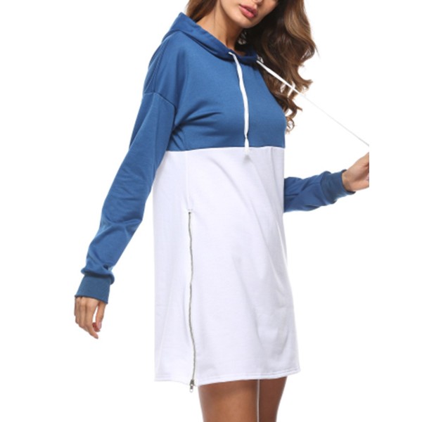 Color Block Hooded Patchowrk Zipper Casual Dress 