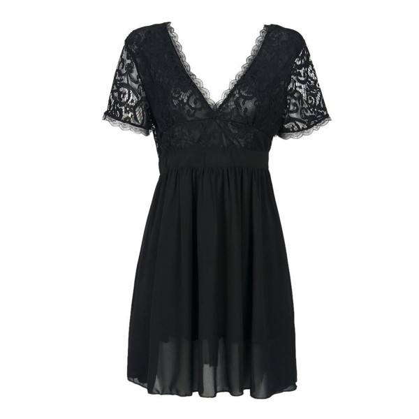 Lace V-Neck Short Sleeve Plain Women's Skater Dress 