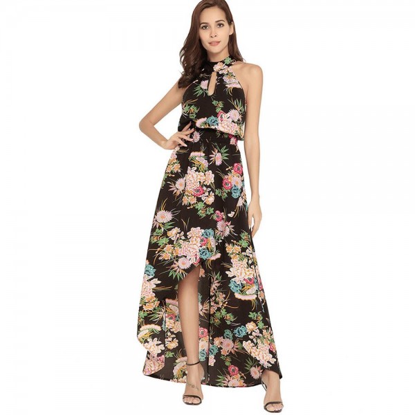 Floral Asymmetric Ankle Length Women's Dress 