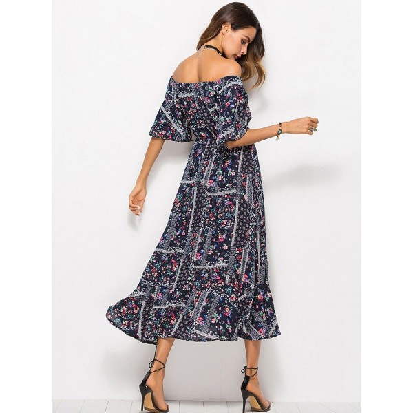 Bohemia Style Floral Off the Shoulder Maxi Dress 