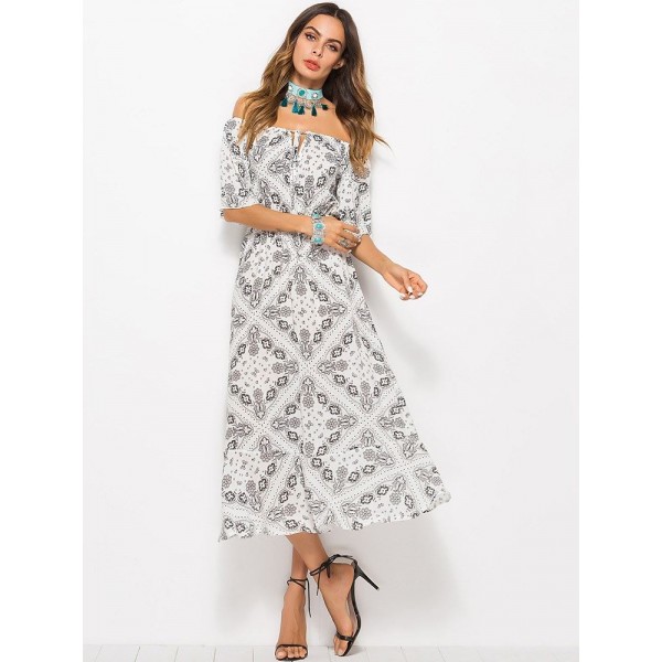 Bohemia Style Floral Off the Shoulder Maxi Dress 