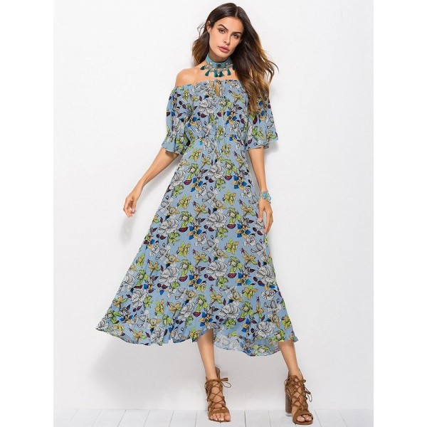 Bohemia Style Floral Off the Shoulder Maxi Dress 