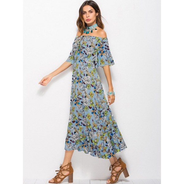 Bohemia Style Floral Off the Shoulder Maxi Dress 