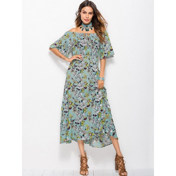 Bohemia Style Floral Off the Shoulder Maxi Dress 