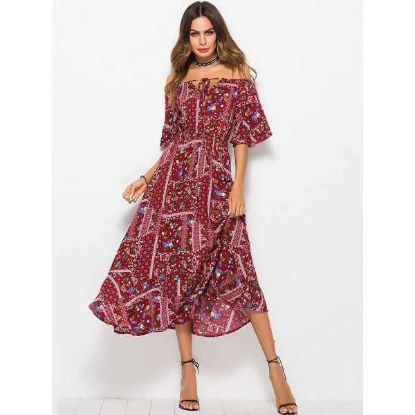 Bohemia Style Floral Off the Shoulder Maxi Dress 