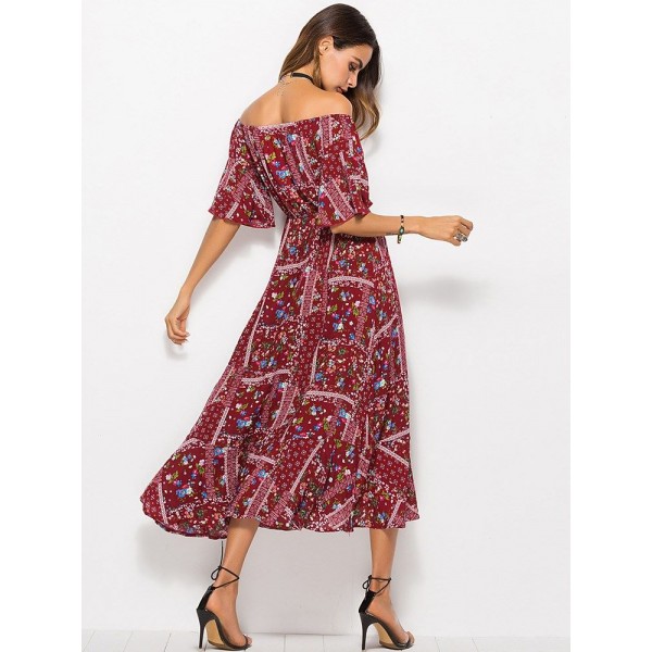 Bohemia Style Floral Off the Shoulder Maxi Dress 