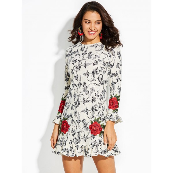 Color Block Floral Embroideried Women's A-Line Dress 