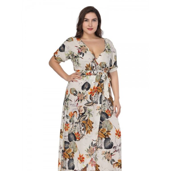 Print V Neck Ankle-Length Short Sleeve Women's Maxi Dress 