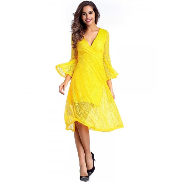 Lace V Neck Pagoda Sleeve Women's Dress 