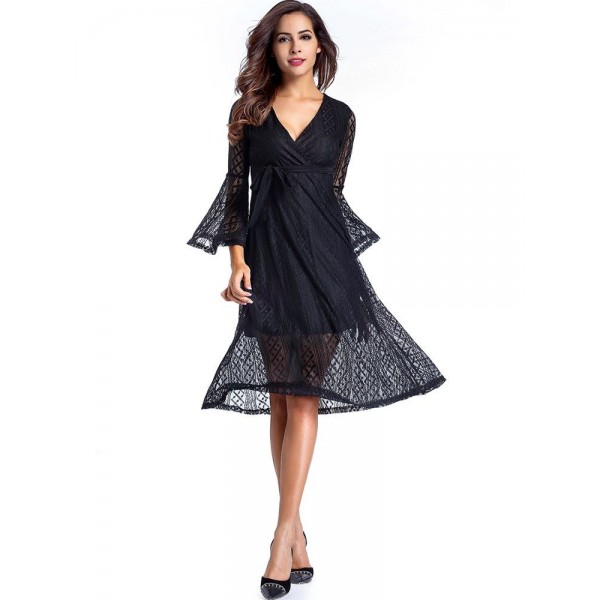 Lace V Neck Pagoda Sleeve Women's Dress 