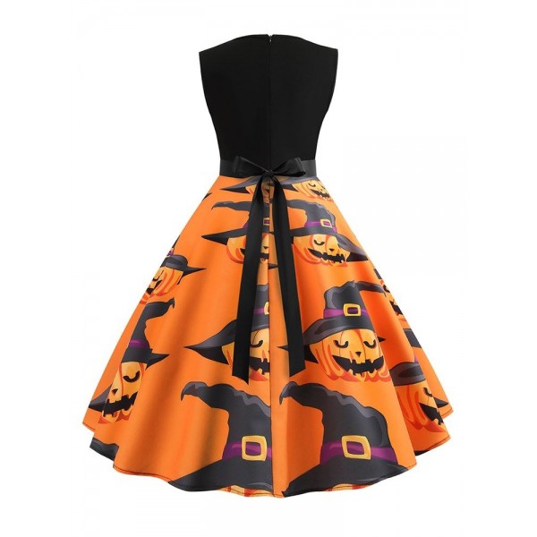 Halloween Stitching Zipper Floral Sleeveless Knee-Length Dress 