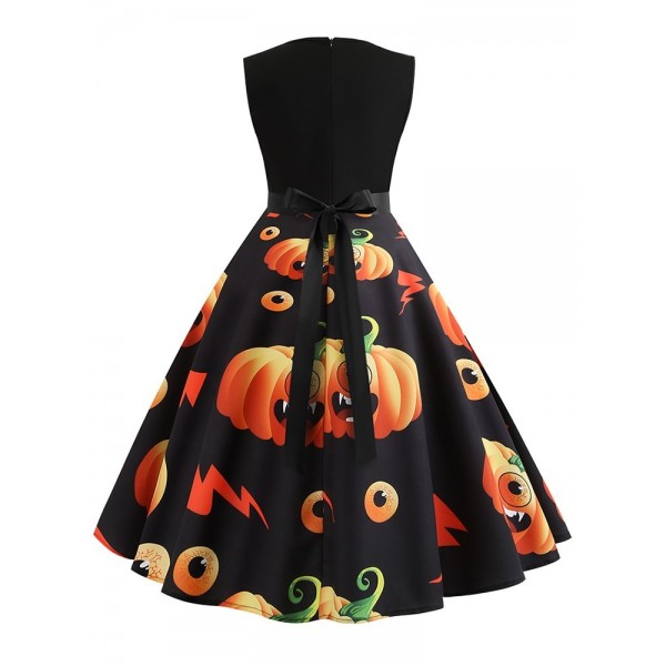 Halloween Round Neck Zipper Floral Knee-Length Dress 