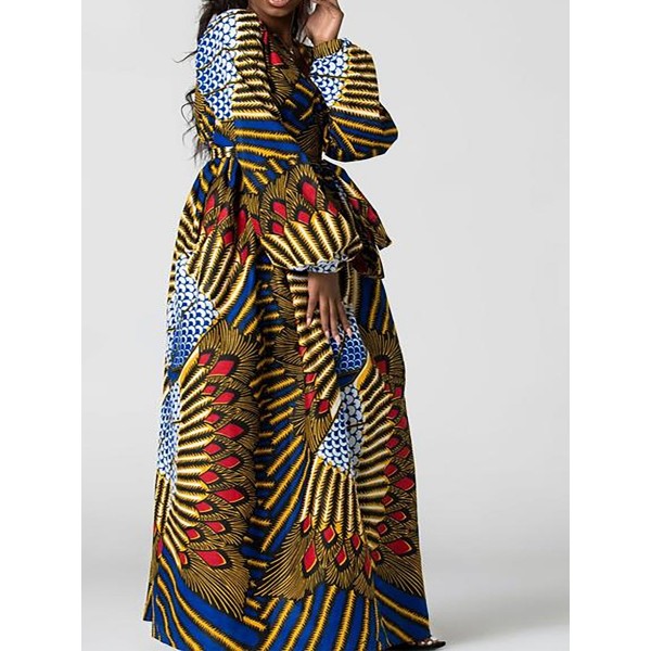 Ethnic V-Neck High-Waist Maxi Dress 