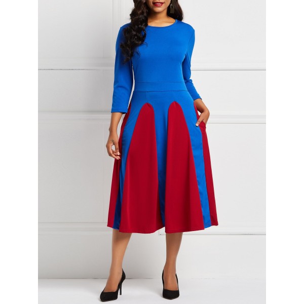 Elegant Color Block Round Neck Skater Dress 