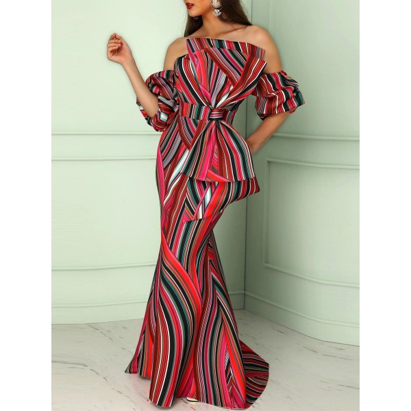 Color Block Slash Neck Bodycon Maxi Dress 