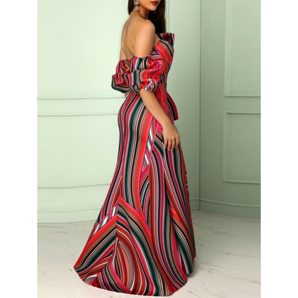 Color Block Slash Neck Bodycon Maxi Dress 