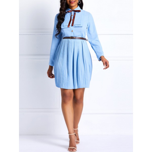 Bowknot Belt Lapel Pleated Skater Dress 