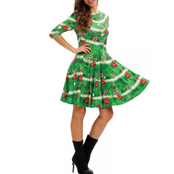 Christmas Printed Round Neck A Line Dress 