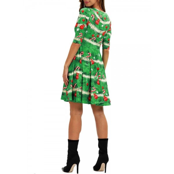 Christmas Printed Round Neck A Line Dress 