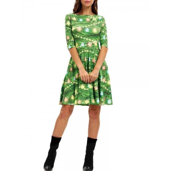 Christmas Printed Round Neck A Line Dress 