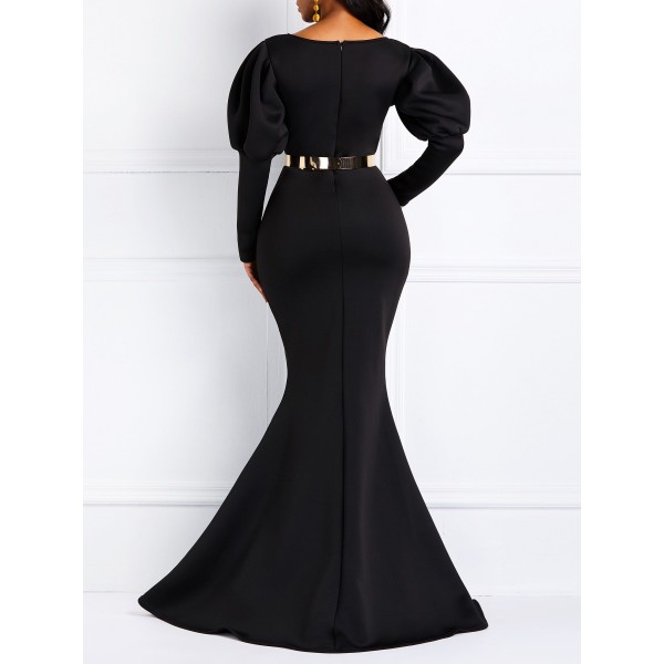 Graceful Puff Sleeve High Waist Floor Length Maxi Dress 