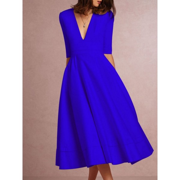 Half Sleeve V-Neck Mid-Calf High-Waist Plain Dresses 