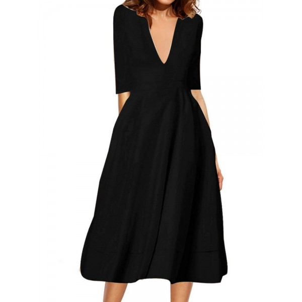 Half Sleeve V-Neck Mid-Calf High-Waist Plain Dresses 