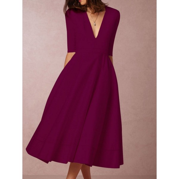 Half Sleeve V-Neck Mid-Calf High-Waist Plain Dresses 