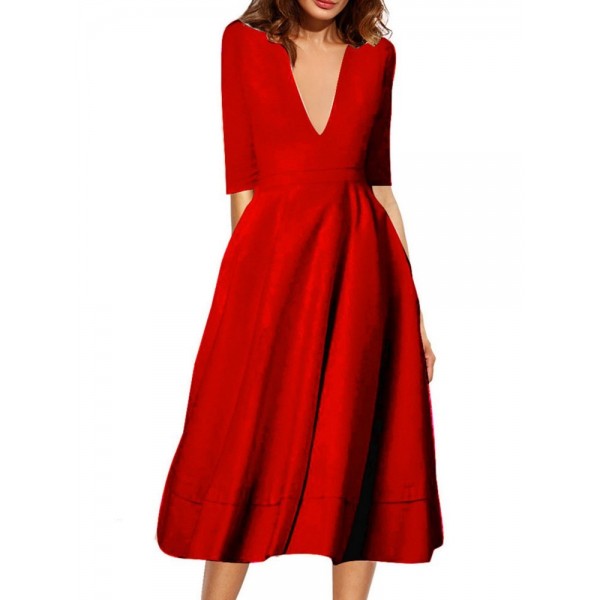 Half Sleeve V-Neck Mid-Calf High-Waist Plain Dresses 