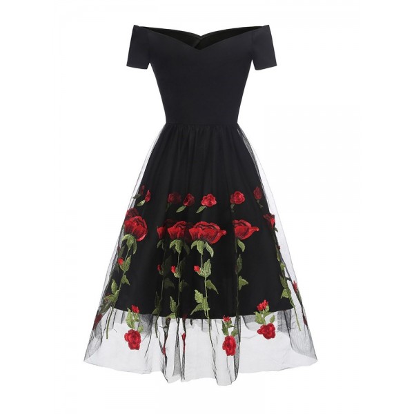 Embroidered Rose Mesh A Line Dress 