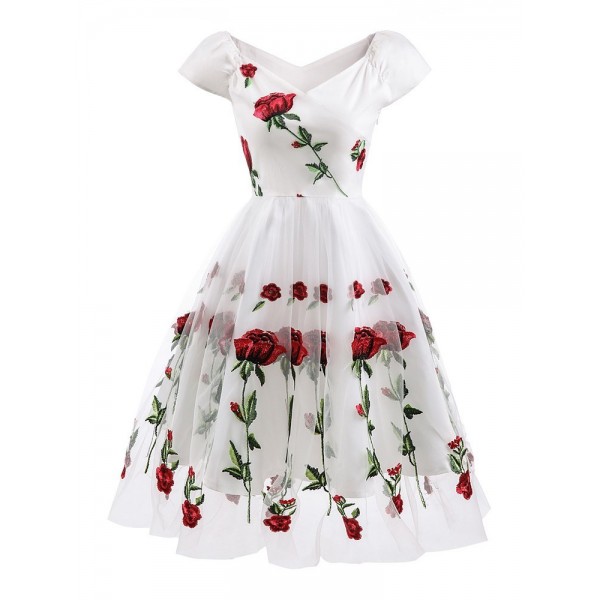 Embroidered Rose Mesh A Line Dress 