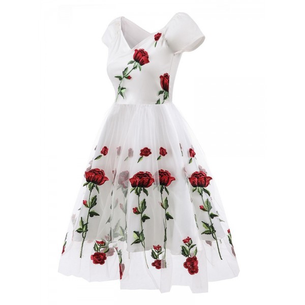 Embroidered Rose Mesh A Line Dress 