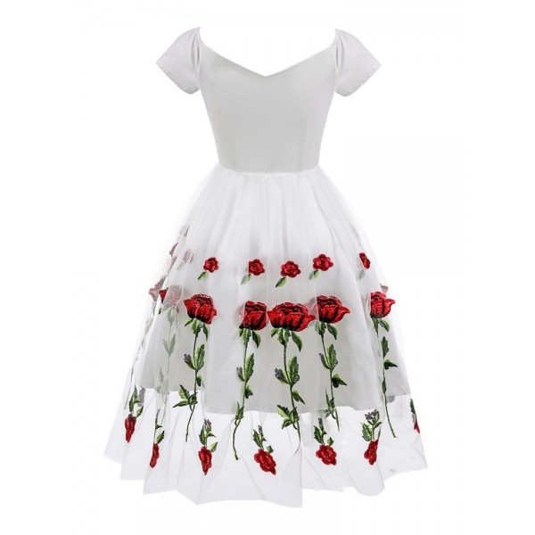 Embroidered Rose Mesh A Line Dress 