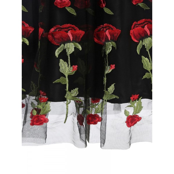 Embroidered Rose Mesh A Line Dress 