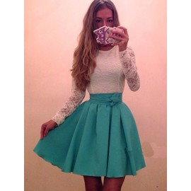 Long Sleeve Lace Patchwork Knot Skater Dress