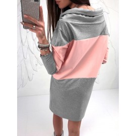 Drawstring Loose Color Block Heap Collar Casual Dress 