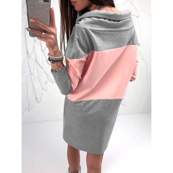 Drawstring Loose Color Block Heap Collar Casual Dress