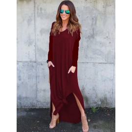 Floor Length Pocket Plain Loose Maxi Dress