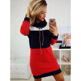 Hooded Color Block Drawstring Casual Dress