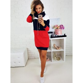 Hooded Color Block Drawstring Casual Dress