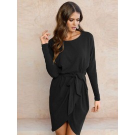 Plain Lace-Up Asymmetric Casual Dress