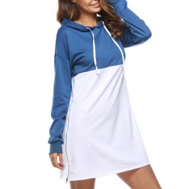 Color Block Hooded Patchowrk Zipper Casual Dress