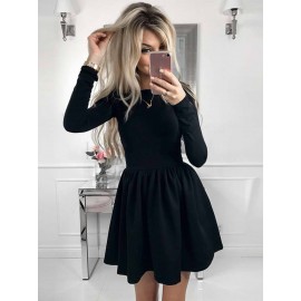 Pleated Long Sleeve Plain Skater Dress 