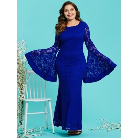 Plus Size Hollow Exaggerated Bell Sleeve Women's Lace Dress