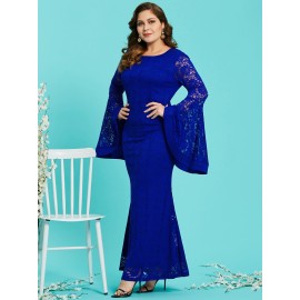 Plus Size Hollow Exaggerated Bell Sleeve Women's Lace Dress