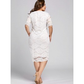 Plus Size White V-Neck Lace Women's Lace Dress 