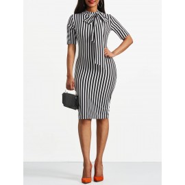 OL Style Striped Bowtie Knee-Length Bodycon Dress