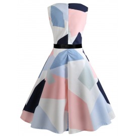 Circular Collar Sleeveless  Geometric Printing  A Line Women's dress